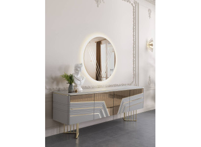 Moderne zilveren dressoir ronde spiegel LED-verlichting ontwerper 2-delige set