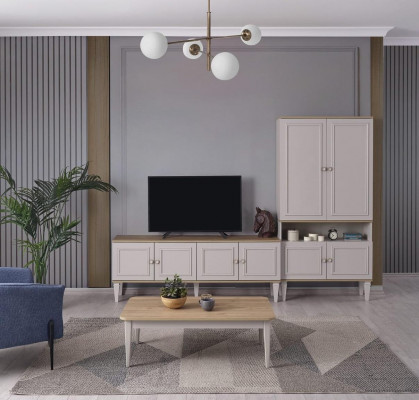 Set van tv-standaard kast RTV laagbord woonkamer planken Grijs Hout