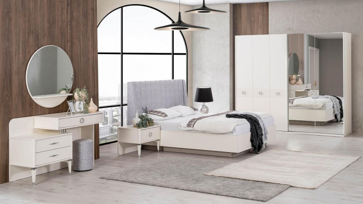 Set met tweepersoonsbed, bedframe van stof, slaapkamer, wit hout, 7-delige set