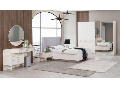 Set met tweepersoonsbed, bedframe van stof, slaapkamer, wit hout, 7-delige set
