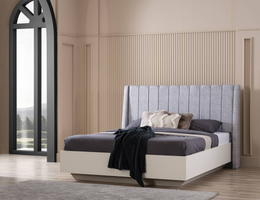 Set met tweepersoonsbed, bedframe van stof, slaapkamer, wit hout, 7-delige set