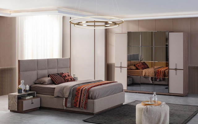 Complete slaapkamer tweepersoonsbed bed nachtkastjes grijs 4-delig kast