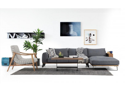 Woonkamer hoekbank L-vorm bankstel stof grijs modern design.
