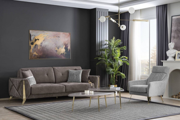 Bruin-grijze woonkamerset, bestaande uit een driezits luxe fauteuil en salontafel (4-delig).