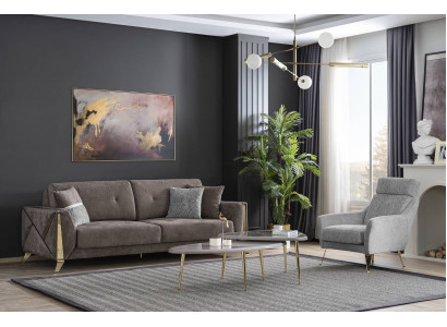 Bruin-grijze woonkamerset, bestaande uit een driezits luxe fauteuil en salontafel (4-delig).