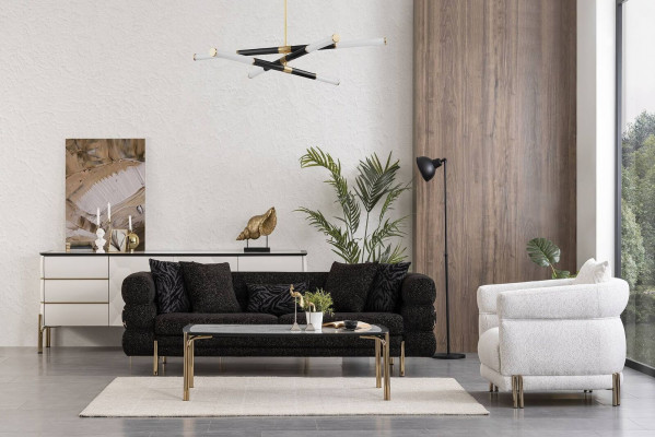 Woonkamerbankstel Designer Zwarte Luxe Driepersoonsbank Witte Fauteuil.