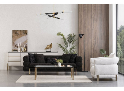 Woonkamerbankstel Designer Zwarte Luxe Driepersoonsbank Witte Fauteuil.