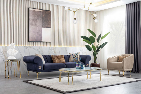 Blauw-beige woonkamerset Luxe bankstel 3+3+1 zits Designbank