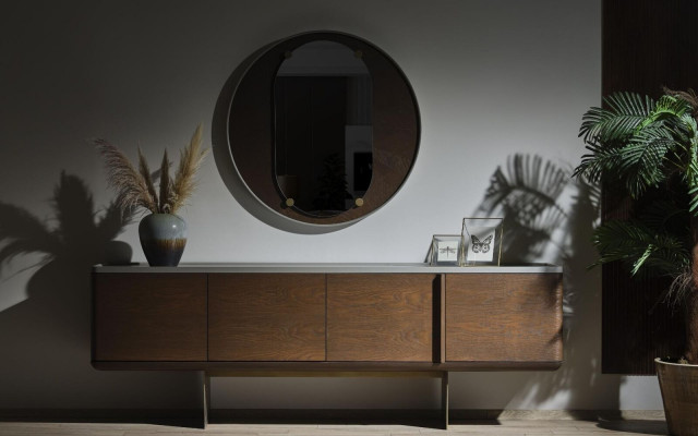 Bruin dressoir Moderne houten meubels Luxe ronde spiegel Woonkamer 2-delig