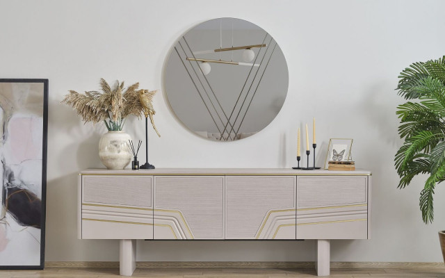 Beige luxe houten meubels Ontwerper Sideboard Luxe Ronde spiegel Modern 2-delig