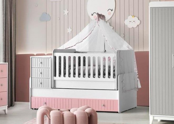Stijlvol kinderbed voor baby, veelkleurig. Perfect meubilair voor uw kinderkamer. Verwijdering.
