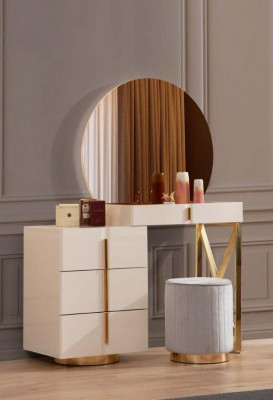 Beige make-uptafel roestvrijstalen meubilair slaapkamer krukje 2-delige set