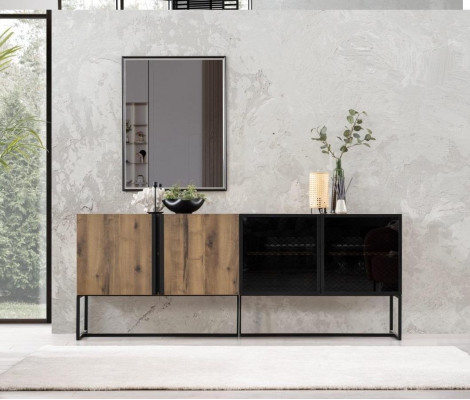 Dressoir met spiegelgroep commode hout bruin eetkamer