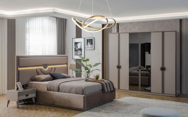 Tweepersoonsbed Complete slaapkamermeubels Bed Nachtkastjes Beige 4 delig