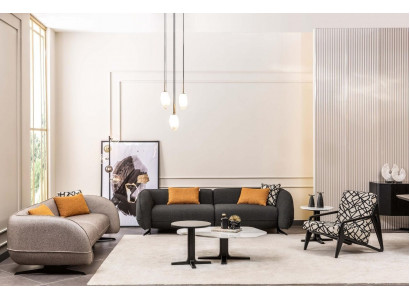 Grijze driezitsbank fauteuils salontafels woonkamerset 6-delig