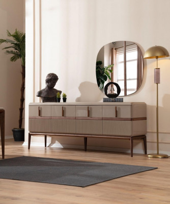 Beige eetkamer meubels Luxe houten dressoir met 4 deuren, glazen spiegel, 2-delige set