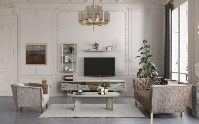 Moderne grijze woonkamerset luxe tv-meubel wandkasten planken