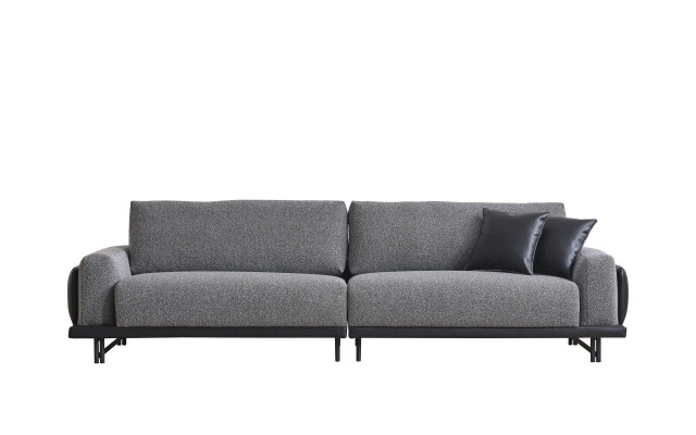 Grijze woonkamer driezits luxe meubels met designer houten frame.