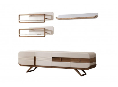 Witte woonkamer wandmeubel designer lage kast 2x planken houten meubels 4-delig