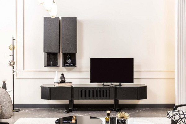 Zwart woonkamerset designer houten tv-standaard luxe x2 wandplanken