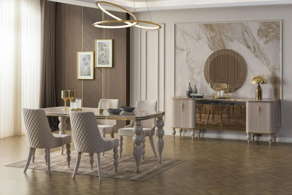 Beige eetkamerset, designer eetkamermeubilair, eettafel, stoelen, dressoir, 9-delig