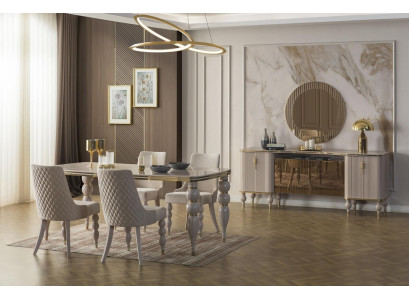 Beige eetkamerset, designer eetkamermeubilair, eettafel, stoelen, dressoir, 9-delig