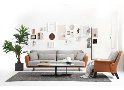 Bankstel 3-zits woonkamerbank oranje stof fauteuil driezits