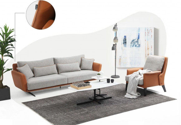 Bankstel 3-zits woonkamerbank oranje stof fauteuil driezits