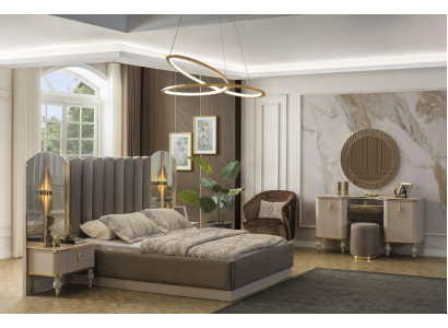 Grijze slaapkamer set met tweepersoonsbed, kaptafel, console en nachtkastjes.