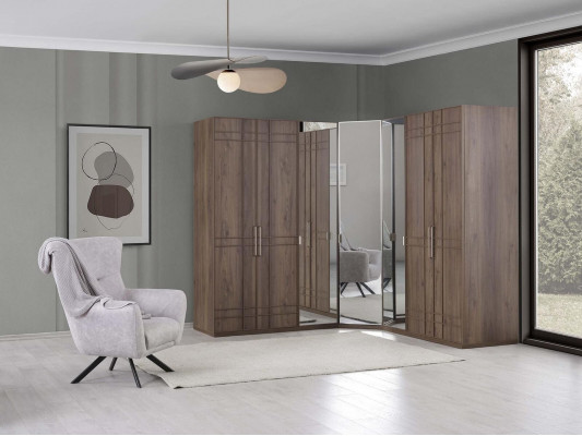 Hoekkast kledingkast kast bruin hout spiegel 7 deuren groot