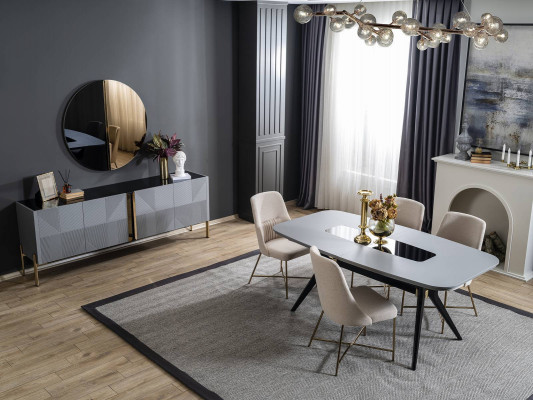 Moderne grijze eetkamer set houten meubels luxe eettafel dressoir
