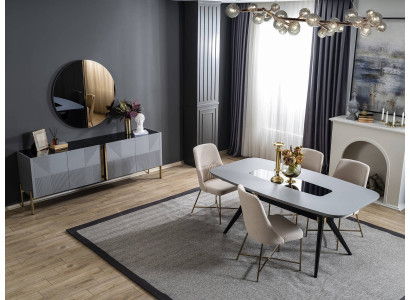 Moderne grijze eetkamer set houten meubels luxe eettafel dressoir