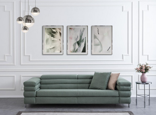 Groene woonkamer bank met houten frame, ontworpen voor 4 personen, stoffen bankstel modern.