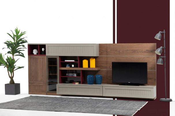 Woonwand TV-standaard RTV laag display vitrine hout modern bruin woonkamer.