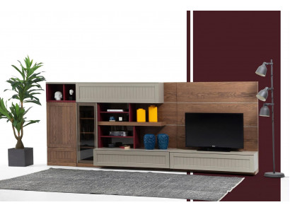 Woonwand TV-standaard RTV laag display vitrine hout modern bruin woonkamer.