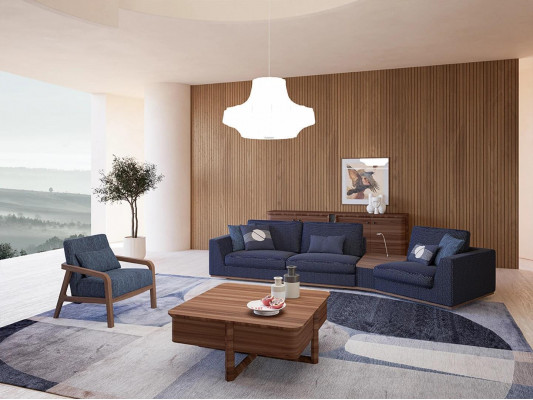 Blauwe bankstel set met driezitter banken, woonkamerstoelen in modern design textiel.
