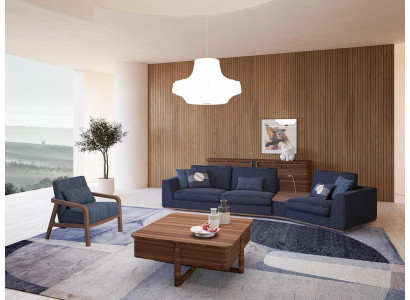 Blauwe bankstel set met driezitter banken, woonkamerstoelen in modern design textiel.