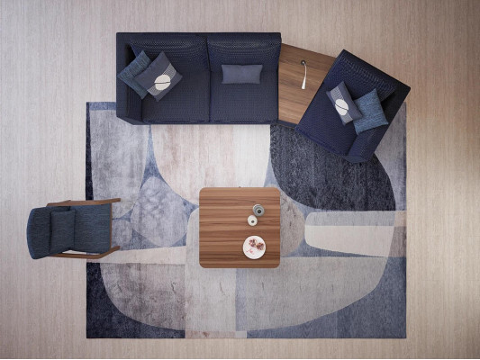 Blauwe bankstel set met driezitter banken, woonkamerstoelen in modern design textiel.