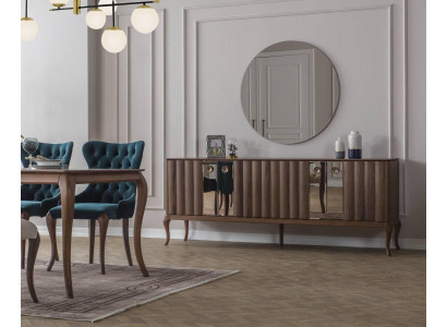 Bruine 4-deurs dressoir Luxueuze spiegel Eetkamer houten meubels 2-delig