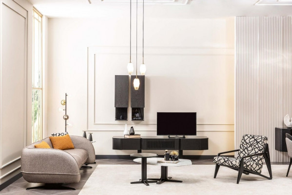 Moderne woonkamer complete set stoffen bankstel bijzettafel kasten