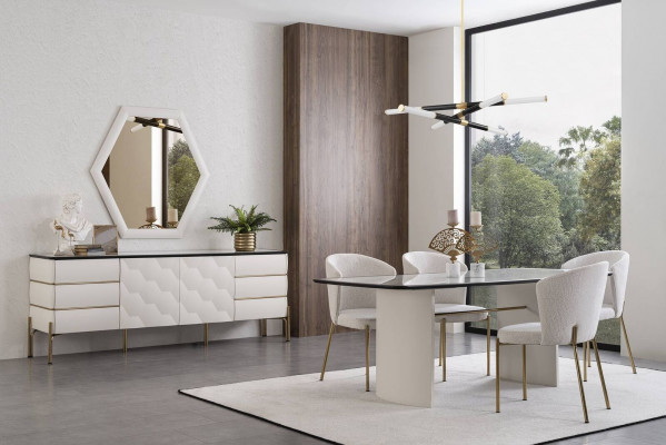 Stijlvolle eetkamerset Grote eettafel 4x stoelen Dressoir Spiegel