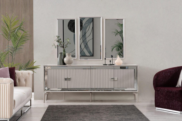 Dressoir Sideboard met spiegel Groep commode Hout Zilver Eetkamer