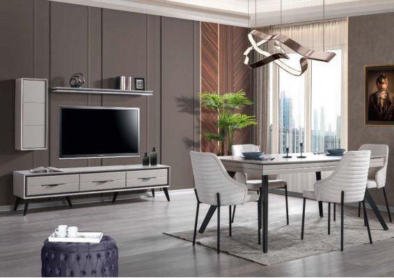 Moderne witte eetkamer set lage kast 6x stoelen eettafel plank 10-delig