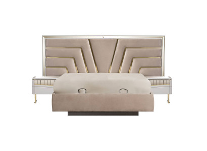 Beige slaapkamer bed, designer, 2x nachtkastjes, stijlvolle set van 3 delen.