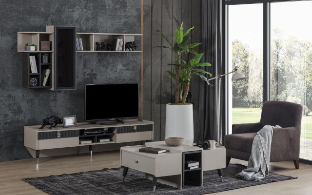 Woonkamer set Designer RTV-standaard Luxe houten planken Salontafel 3-delig Fernsehschrank-Set Designer Luxus-Holzregale Couchtisch 3-teilig