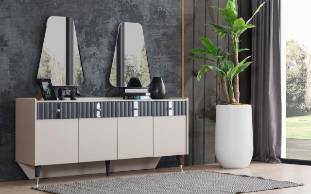 Complete set Designer Beige dressoir Sideboard 2x spiegel 3-delige set.