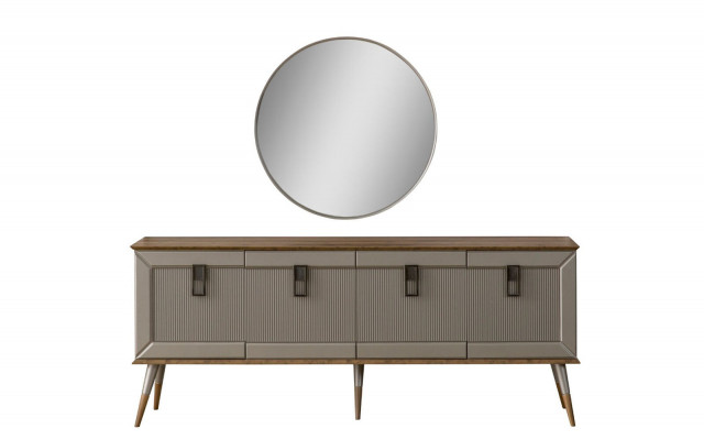 Robuuste dressoir, ontwerper sideboard, luxueuze ronde spiegelkast 2-delig.