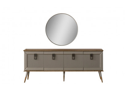 Robuuste dressoir, ontwerper sideboard, luxueuze ronde spiegelkast 2-delig.
