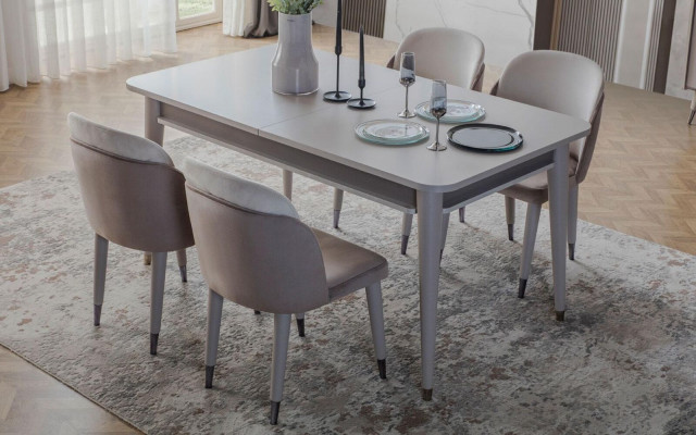 Grijze eettafel Ontwerp eetkamermeubilair Uitschuifbare houten tafel Nieuw
