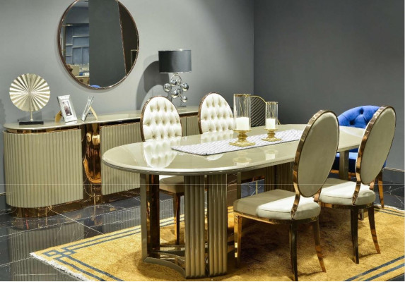 Eethoek Luxe eetkamer Eetgroep Eettafel Beige Set van 7 stuks Houten stoelen